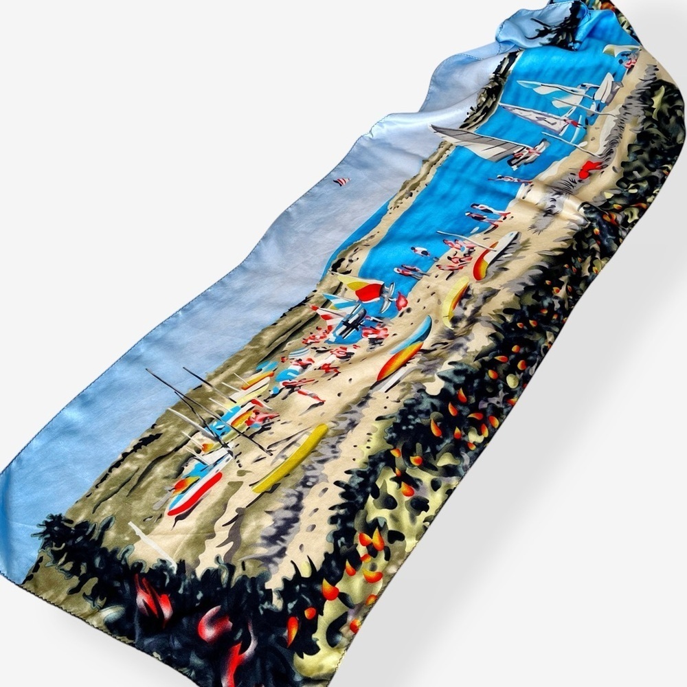 Silk Scenic Beach Print Oblong Scarf Headscarf - Picture 5 of 12